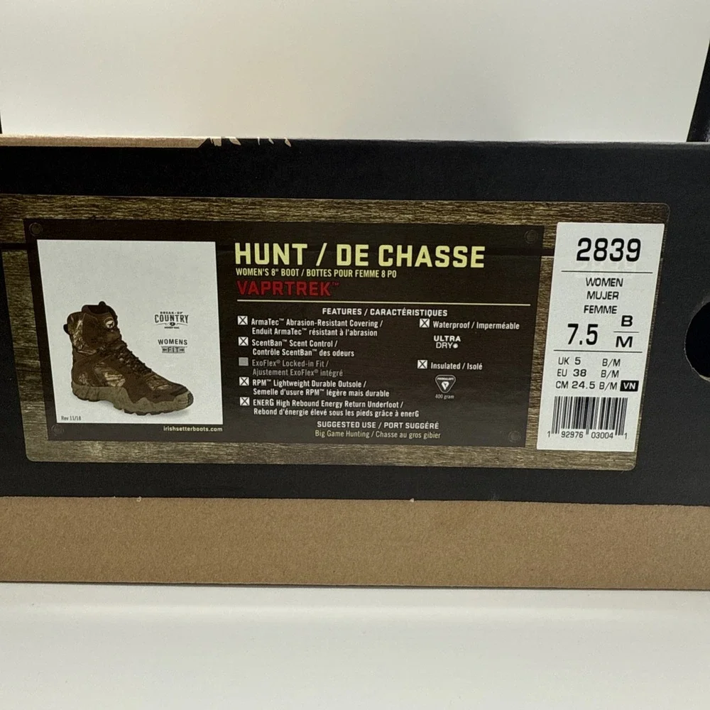 Irish Setter Boots Womens US 7.5 Brown Camo Vaprtrek Waterproof Hunting Outdoors